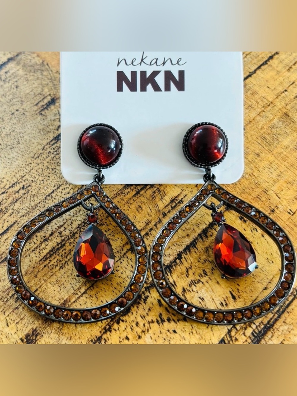 Nekane NKN Amber Teardrop Dangle Earring Artisan Bohemian Statement Jewelry  NWT
